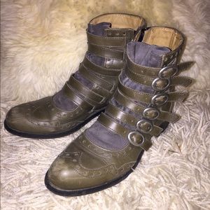 Fluevog Wingtip Ankle Boots in Muted Green Leather